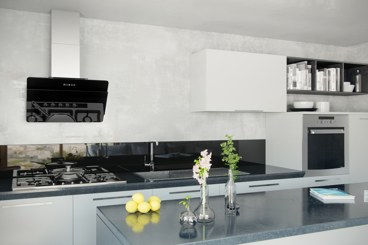 Kuchnia z betonem architektonicznym i okapem Merto Black 60
